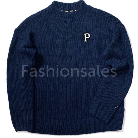 Victorias Secret Pink Crew Neck Oversized Boyfriend Sweater pullover Navy Medium - Picture 2 of 2